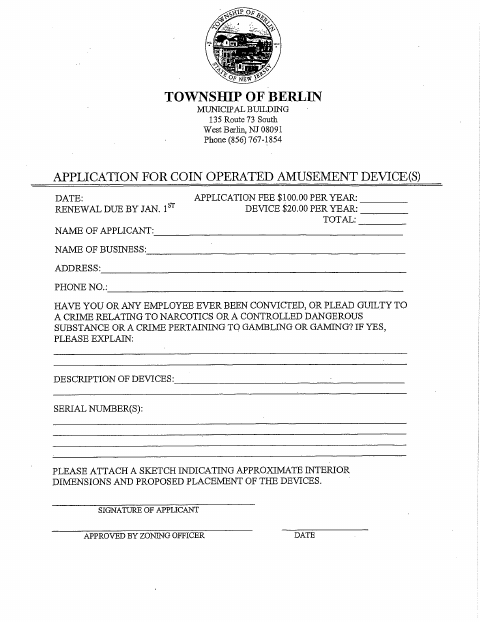First page of the Application for Coin Operated Amusement Devices