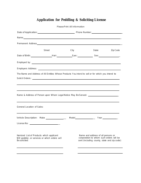 First page of the Application for Peddling & Soliciting License