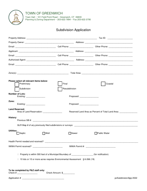 First page of the Subdivision Application