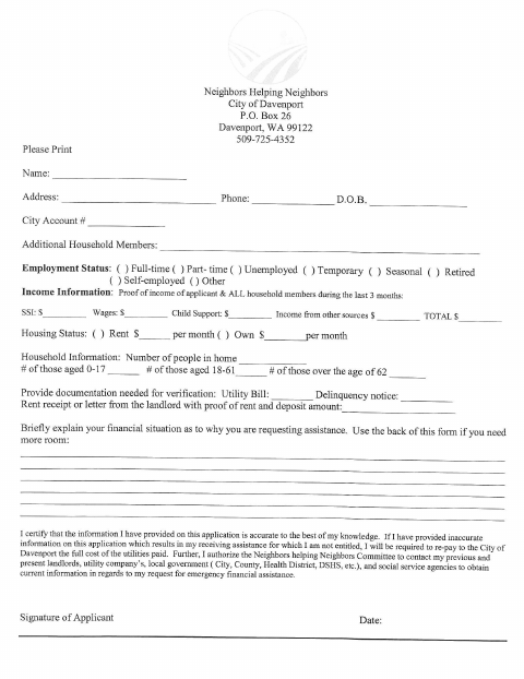 First page of the Neighbors Helping Neighbors Utility Relief Application