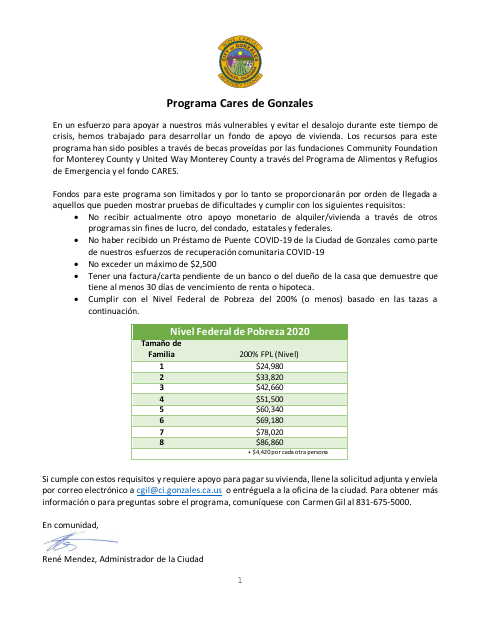 First page of the Gonzales CARES Housing Support Application