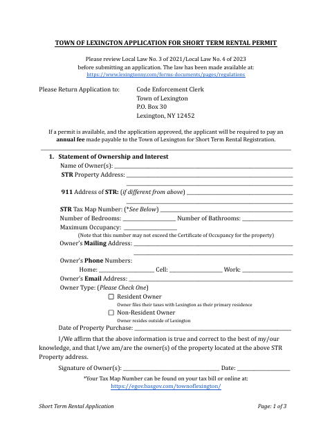 First page of the Short Term Rental Application