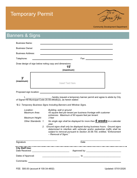 First page of the Temporary Sign Application