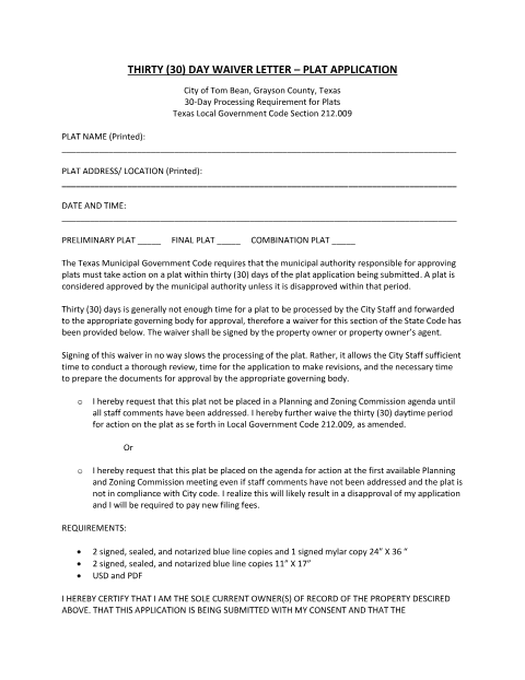 First page of the 30-Day Waiver Letter for Plat Application
