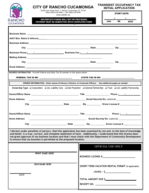 First page of the Transient Occupancy Tax Initial Application