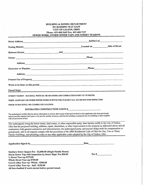 First page of the Sewer Work, Storm Sewer Taps and Street Tearups Application