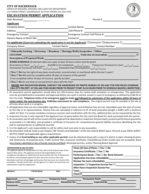 First page of the Excavation Permit Application