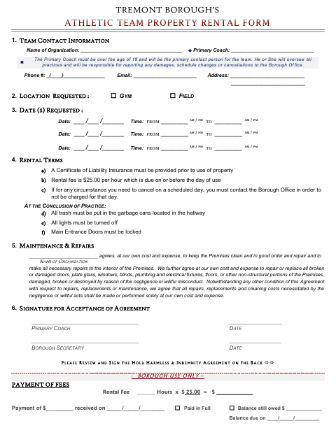 First page of the Team Facility Rental Application