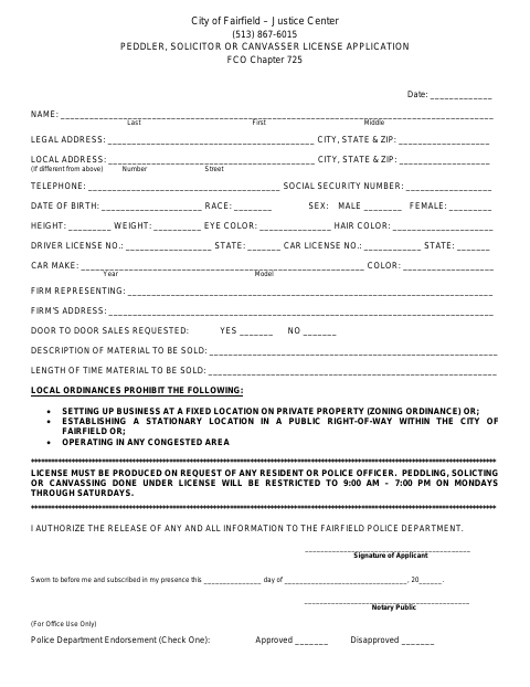 First page of the Peddler, Solicitor or Canvasser License Application
