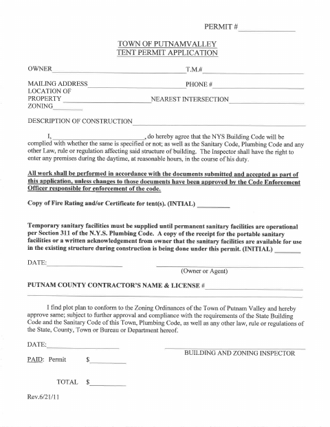 First page of the Tent Permit Application
