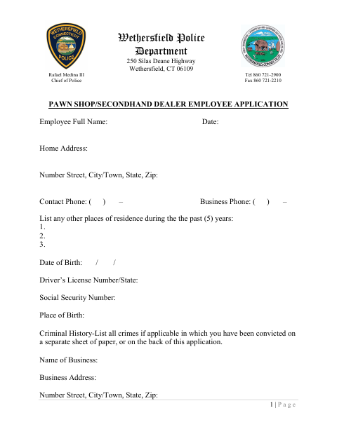 First page of the Pawn Shop/Secondhand Dealer Employee Application