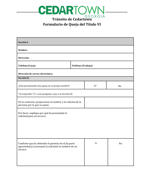 First page of the Title VI Transit Complaint Form