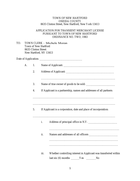 First page of the Transient Merchant License Application