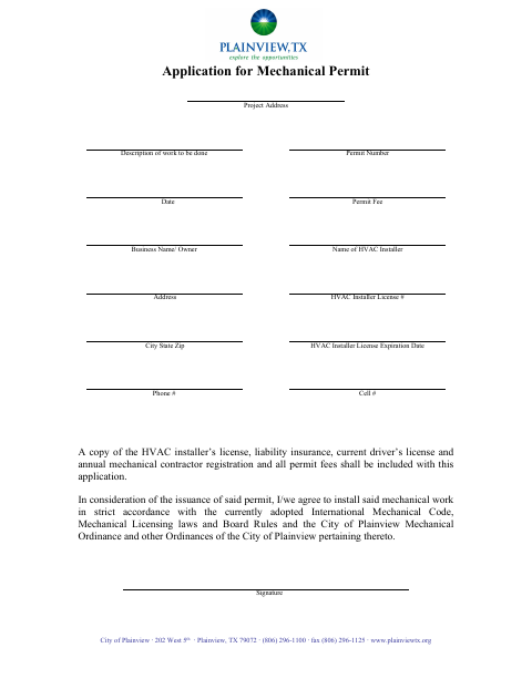 First page of the Application for Mechanical Permit