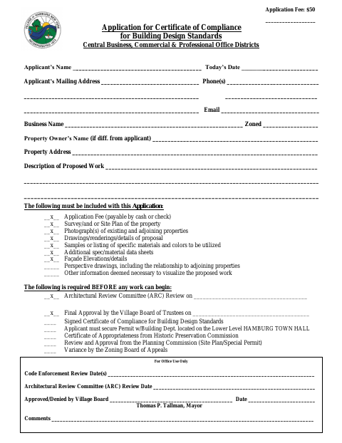 First page of the Application for Certificate of Compliance for Building Design Standards