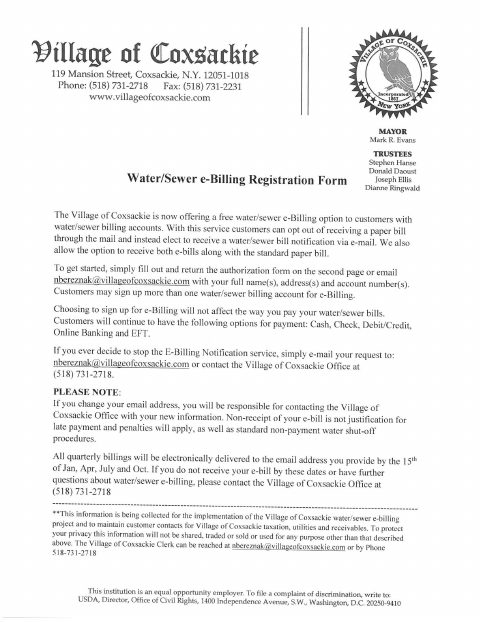 First page of the Water and Sewer E-Billing Registration Form