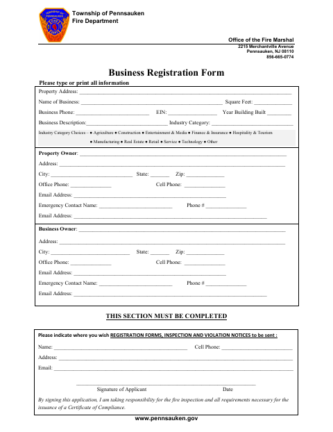 First page of the Business Registration Form