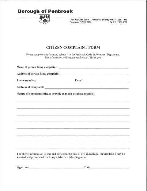 First page of the Citizen Complaint Form
