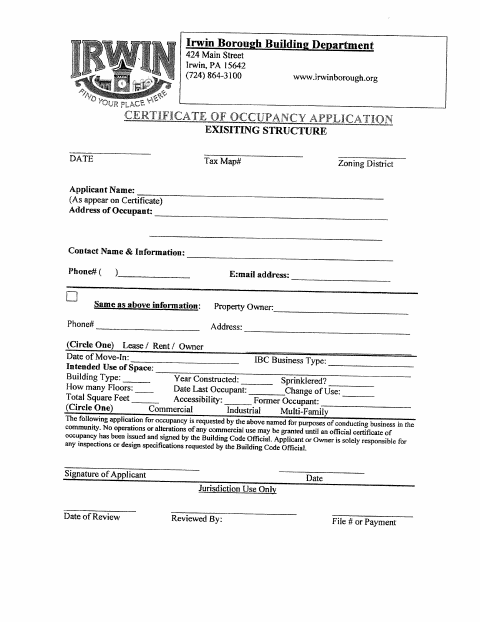 First page of the Certificate of Occupancy Application for Existing Structures