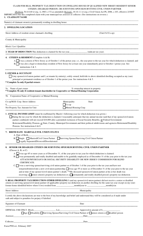 First page of the Senior Citizen, Disabled Person, or Surviving Spouse Property Tax Deduction Claim
