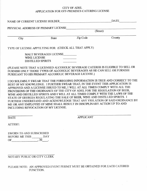 First page of the Off-Premises Catering License Application
