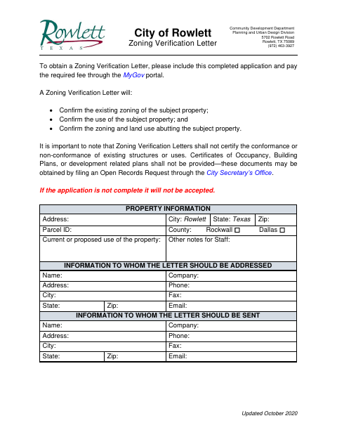 First page of the Zoning Verification Letter
