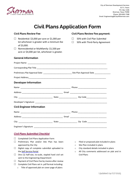 First page of the Civil Plans Application Form