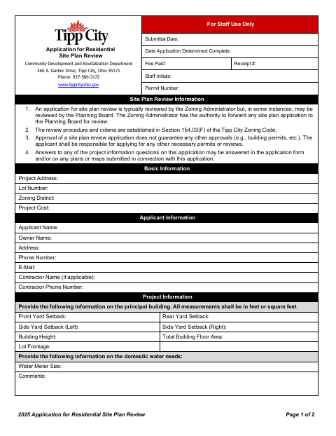 First page of the Application for Residential Site Plan Review