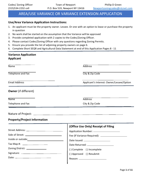 First page of the Area/Use Variance or Variance Extension Application