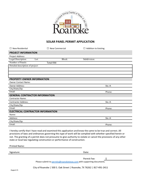 First page of the Solar Panel Permit Application