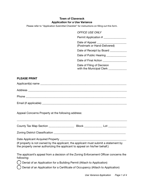 First page of the Use Variance Application
