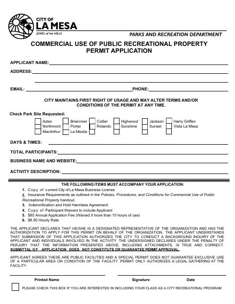 First page of the Commercial Use of Public Recreational Property Permit Application