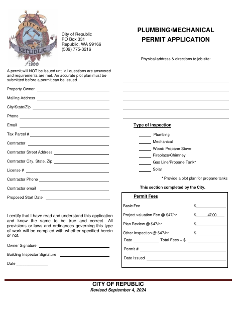 First page of the Plumbing/Mechanical Permit Application