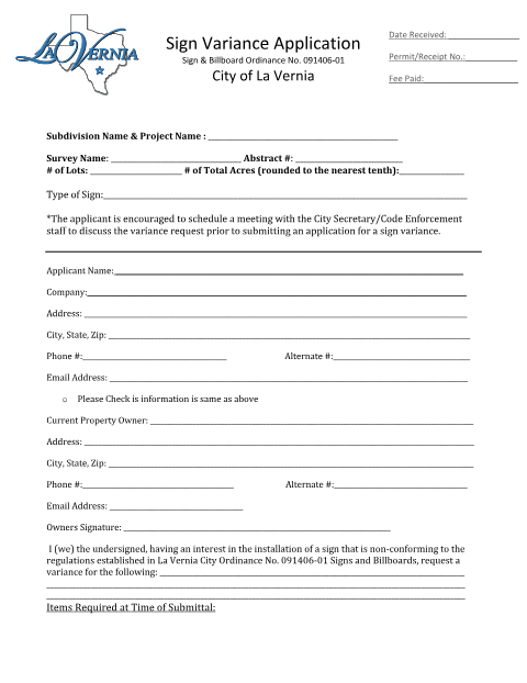 First page of the Sign Variance Application