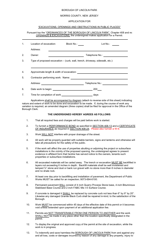First page of the Application for Excavations, Openings and Obstructions in Public Places