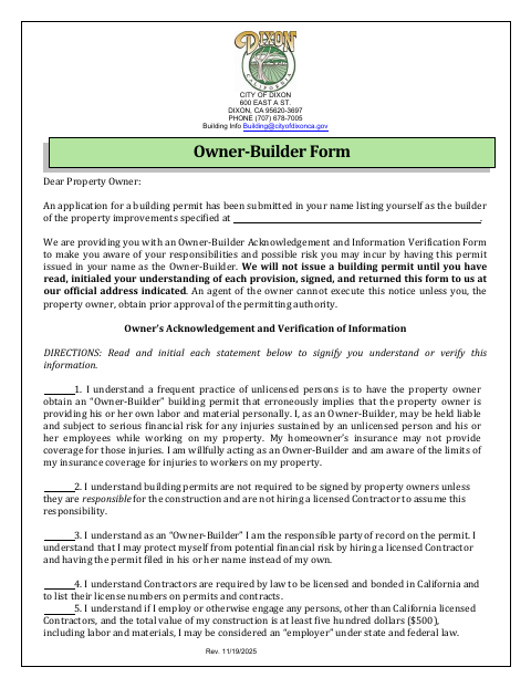 First page of the Owner-Builder Form