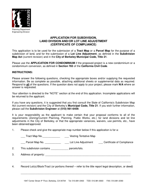 First page of the Application for Subdivision, Land Division, and/or Lot Line Adjustment (Certificate of Compliance)