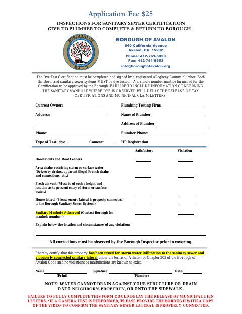 First page of the Inspections for Sanitary Sewer Certification (Dye Test)