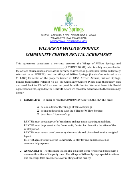 First page of the Community Center Rental Agreement