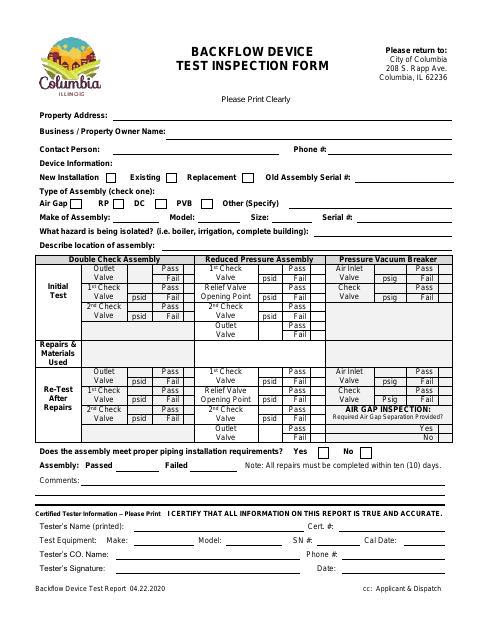 First page of the Backflow Device Test Inspection Form