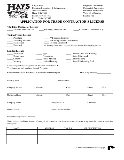 First page of the Trade Contractor’s License Application