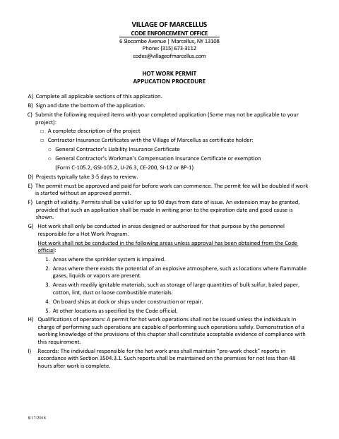 First page of the Hot Work Permit Application