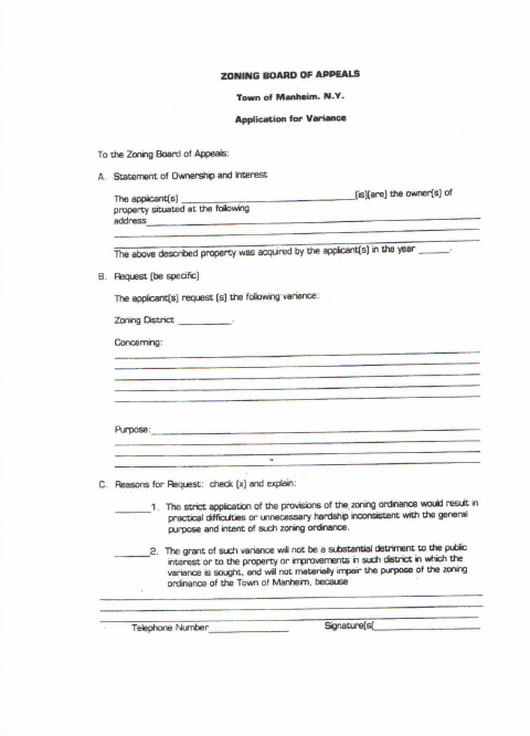 First page of the Application for Area Variance