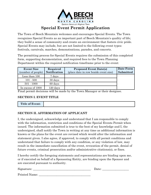 First page of the Special Event Permit Application