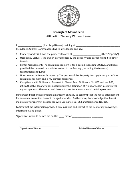 First page of the Affidavit of Tenancy Without Lease