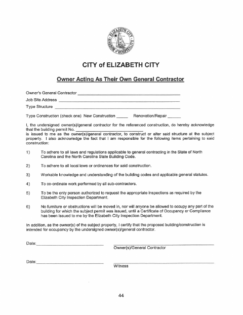First page of the Owner Acting as Their Own General Contractor Affidavit