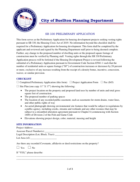 First page of the SB 330 Preliminary Application