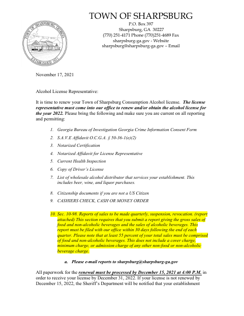 First page of the Alcoholic Beverage License Application