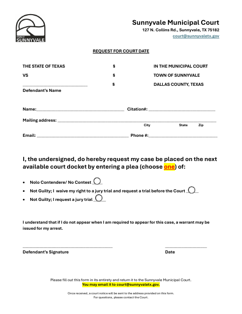 First page of the Request for Court Date