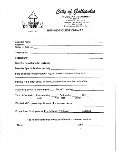 First page of the Business Questionnaire